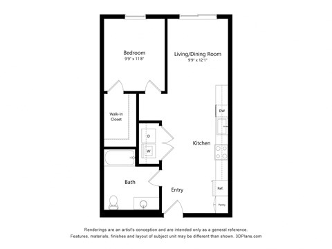 Floor plan for 1 bed, 1 bath, 683 sqft